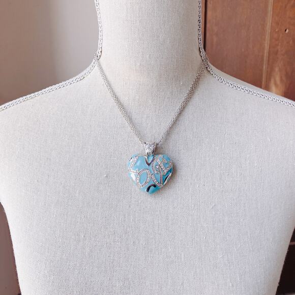 PJM Blue Enamel Heart Love Pendant Necklace CZ/Crystal Rhinestones Reversible - Picture 2 of 13